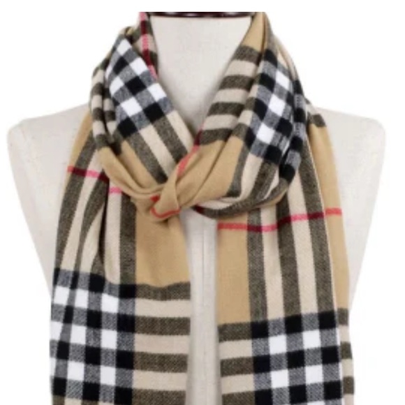 Tartan Plaid Scarf with fringe oblong 100% acrylic. tan white black 70 X 13 new - Picture 6 of 11